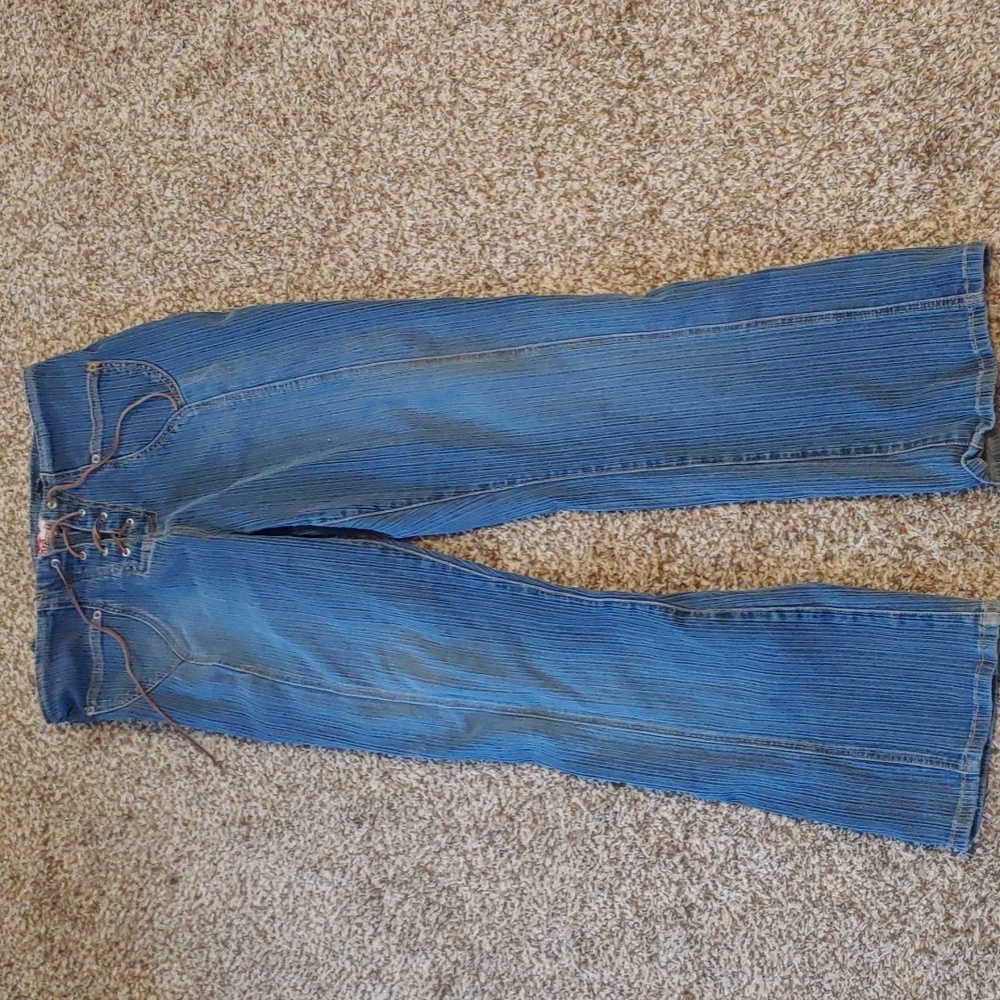 Blue Lace-Up Flare Jeans - Women's Wide Leg